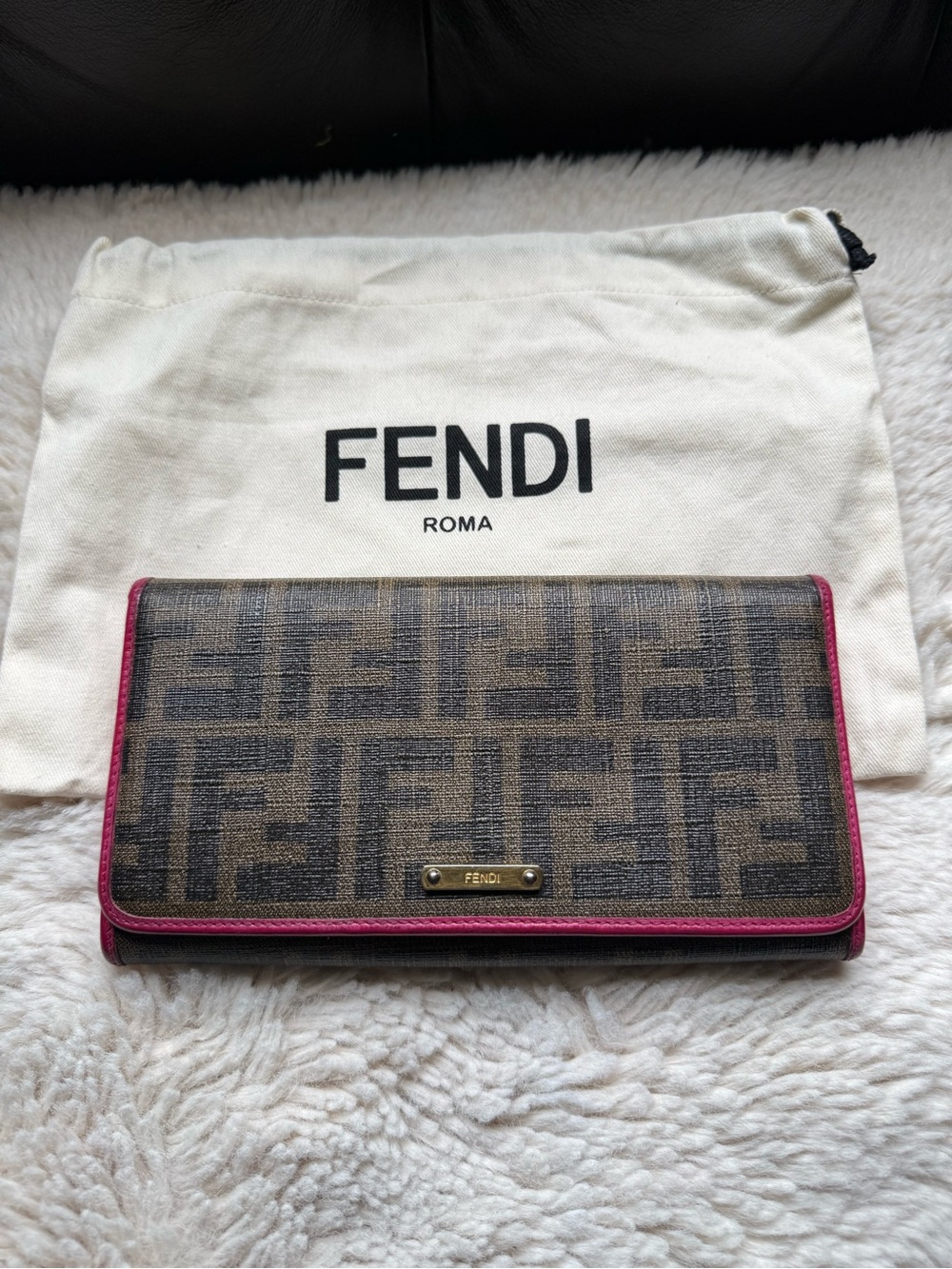 Fendi Roma FF Logo Continental Wallet - Brown with Pink Trim EUC